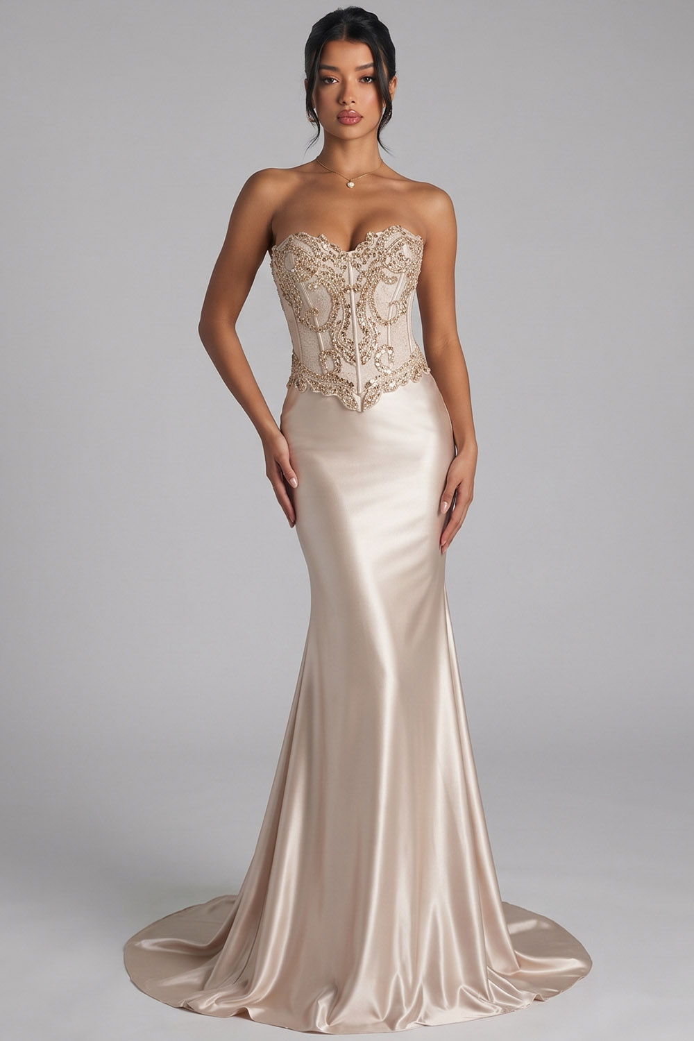 Satin Champagne Mermaid Corset Sparkly Sweetheart Long Evening Dress with Sequins