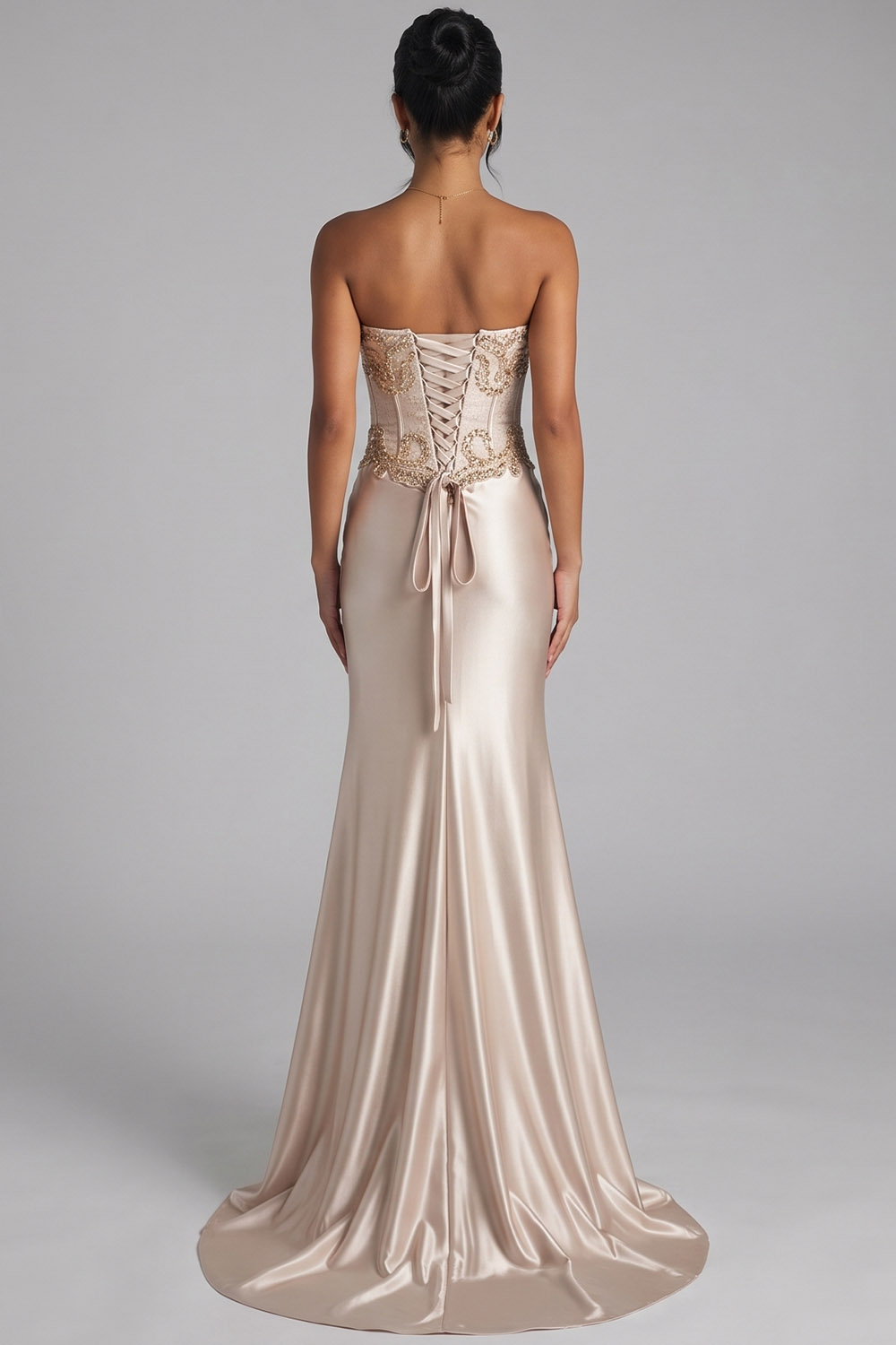 Satin Champagne Mermaid Corset Sparkly Sweetheart Long Evening Dress with Sequins