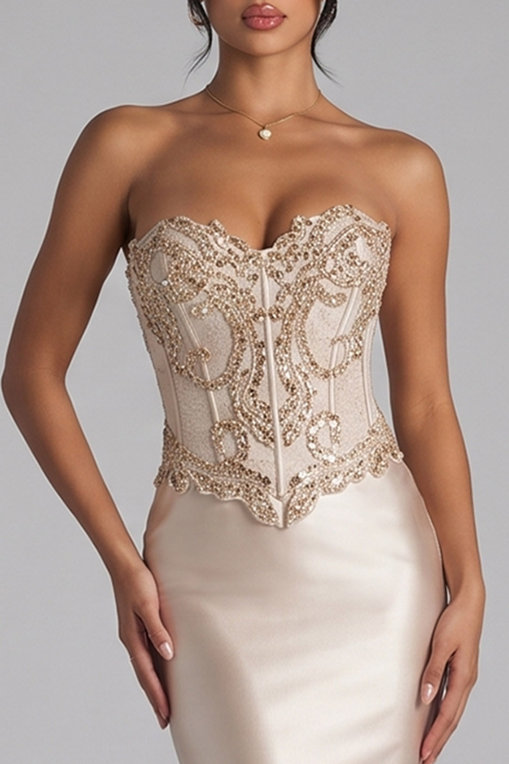 Satin Champagne Mermaid Corset Sparkly Sweetheart Long Evening Dress with Sequins