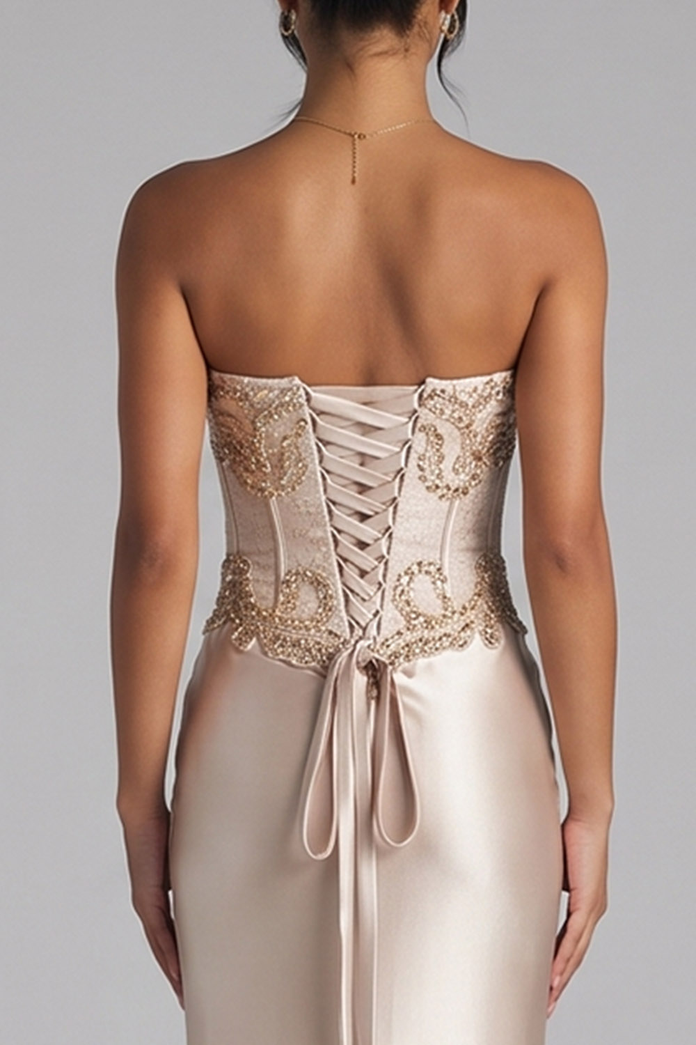 Satin Champagne Mermaid Corset Sparkly Sweetheart Long Evening Dress with Sequins