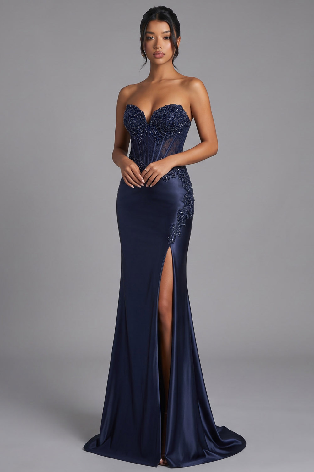 Dark Navy Corset Sweetheart Mermaid Long Prom Dress with Slit