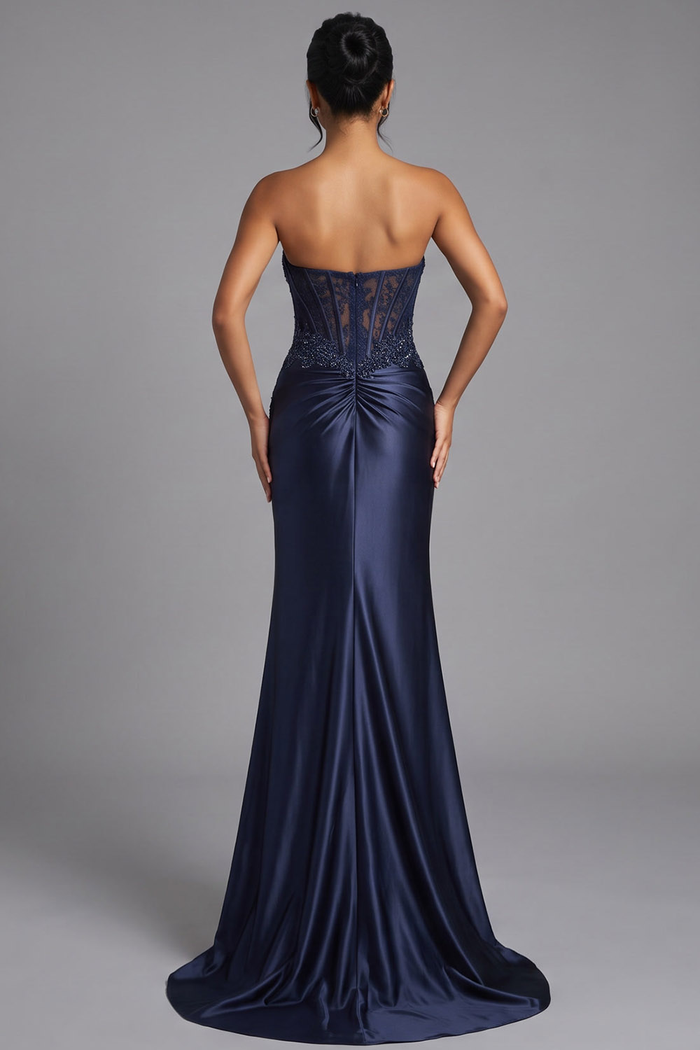 Dark Navy Corset Sweetheart Mermaid Long Prom Dress with Slit