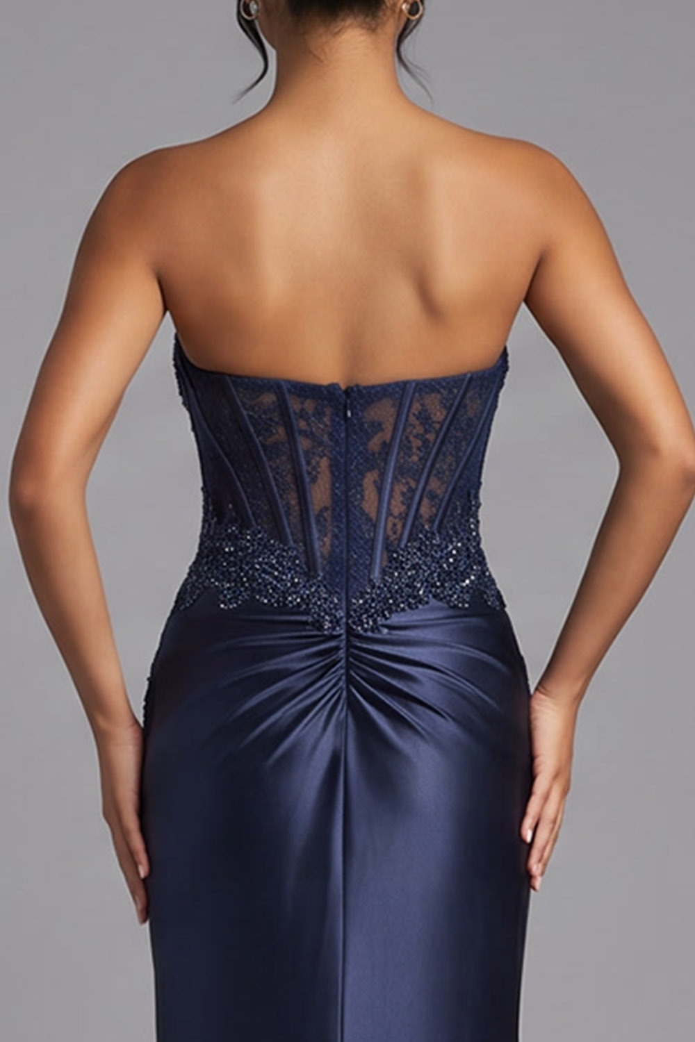 Dark Navy Corset Sweetheart Mermaid Long Prom Dress with Slit
