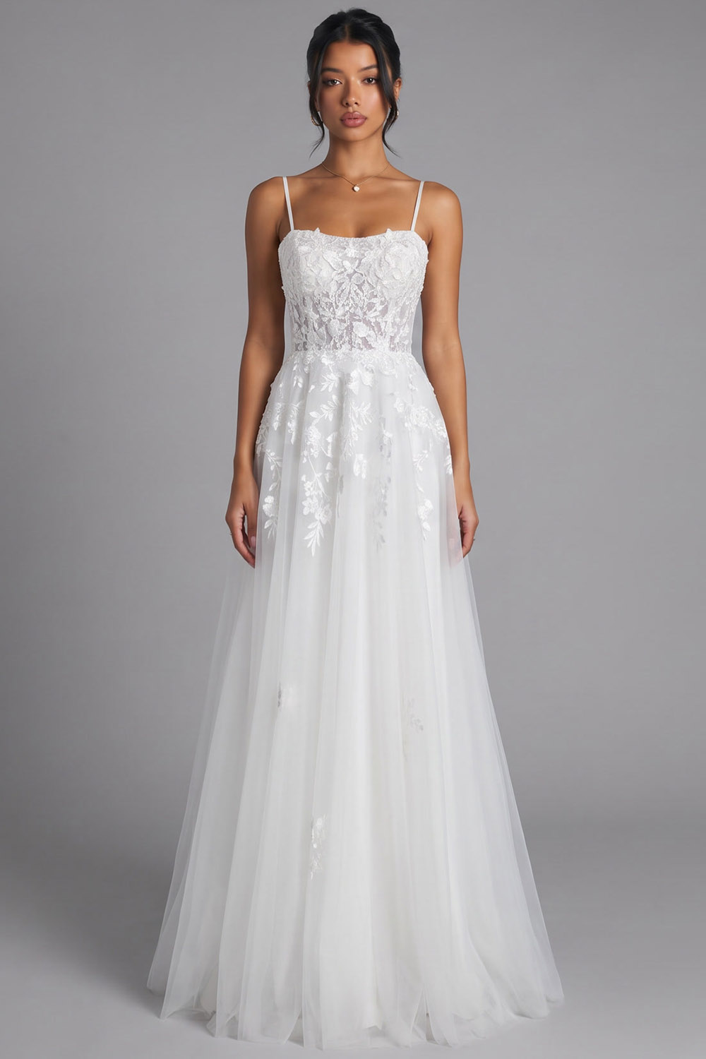 White Corset Spaghetti Straps Appliqued Long Prom Dress