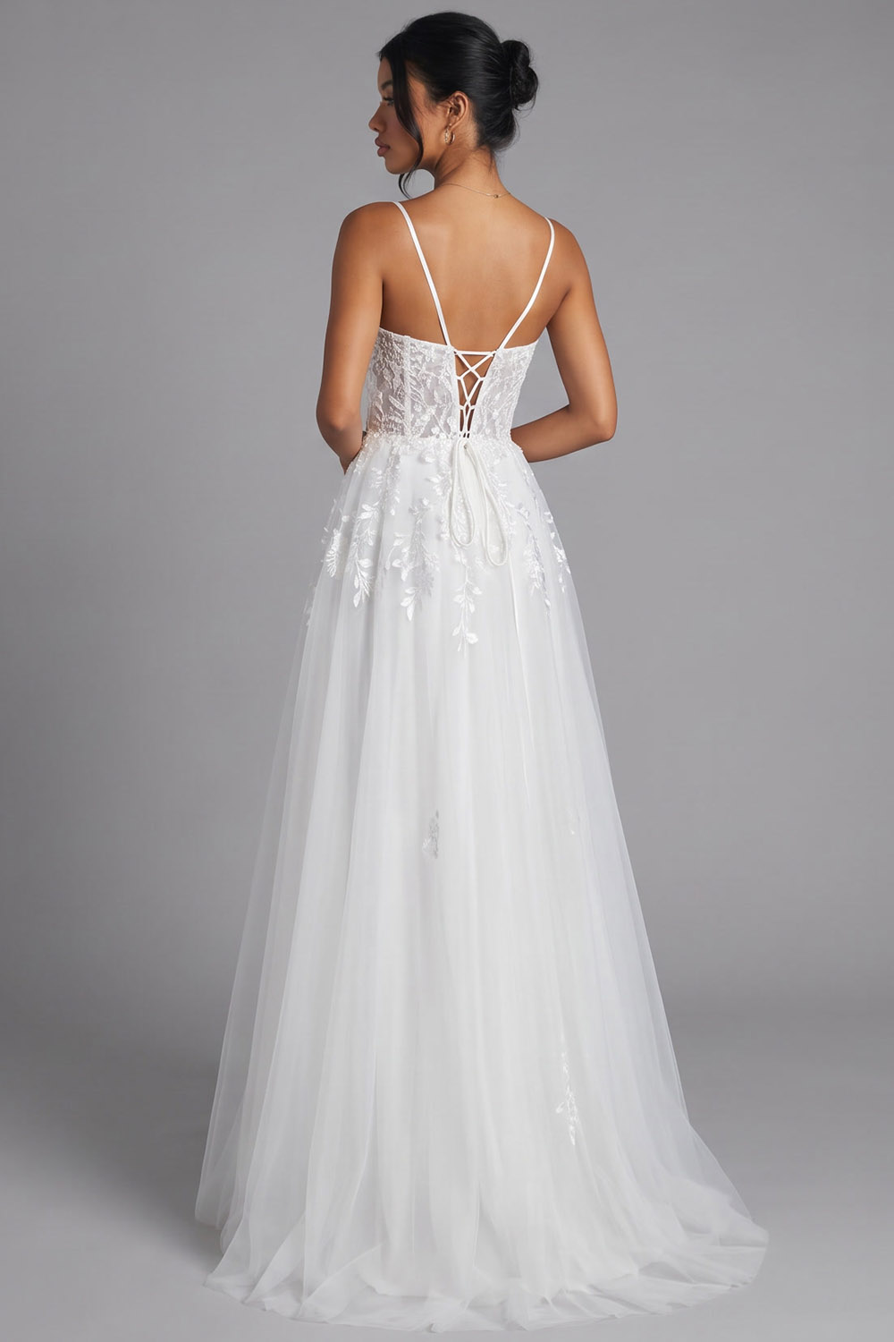 White Corset Spaghetti Straps Appliqued Long Prom Dress