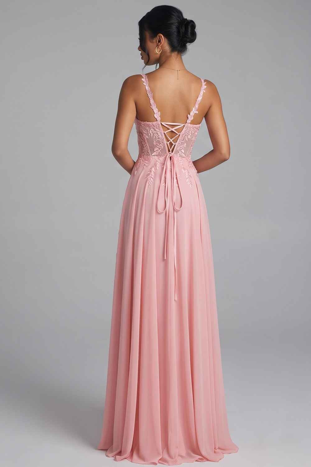 Pink Corset A-Line Scoop Neck Long Prom Dress with Appliques