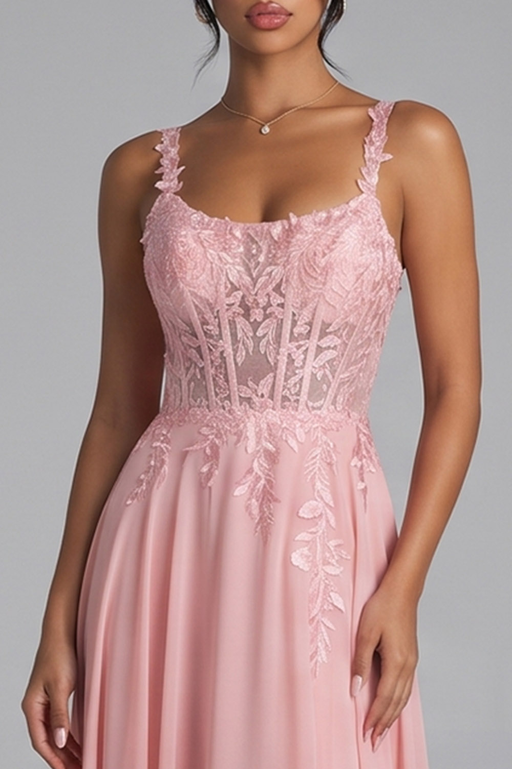Pink Corset A-Line Scoop Neck Long Prom Dress with Appliques