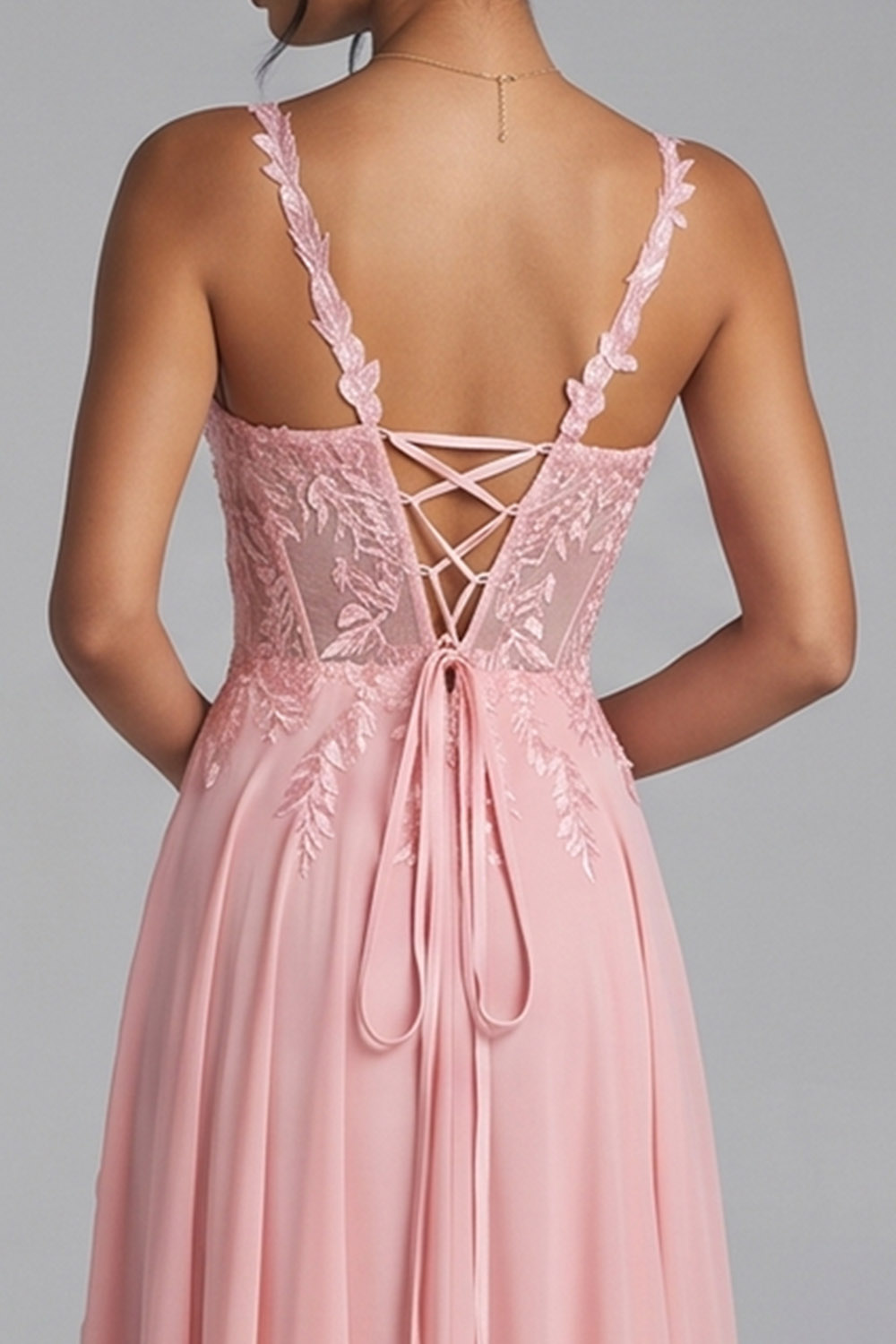 Pink Corset A-Line Scoop Neck Long Prom Dress with Appliques