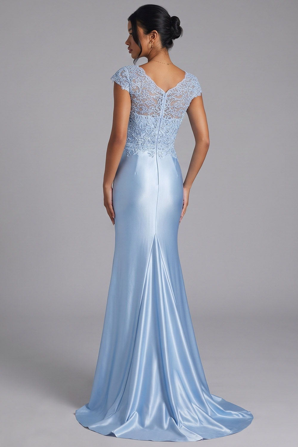 Light Blue Mermaid V-Neck Cap Sleeves Long Prom Dress with Lace