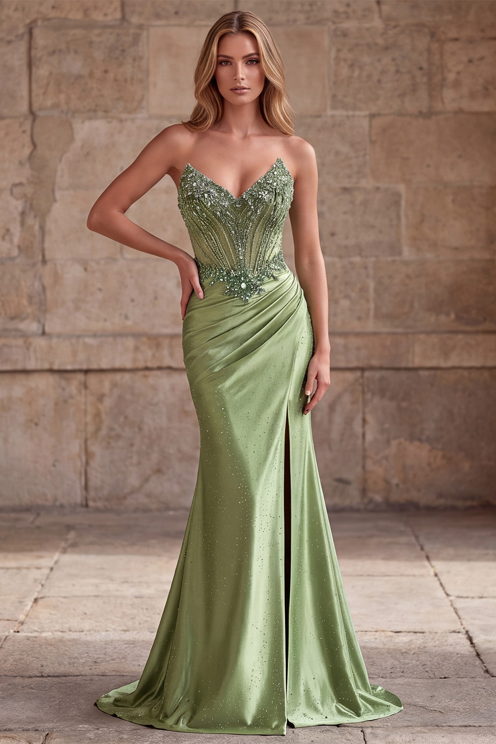 Green Mermaid Sweetheart Ruched Long Prom Dress with Beading