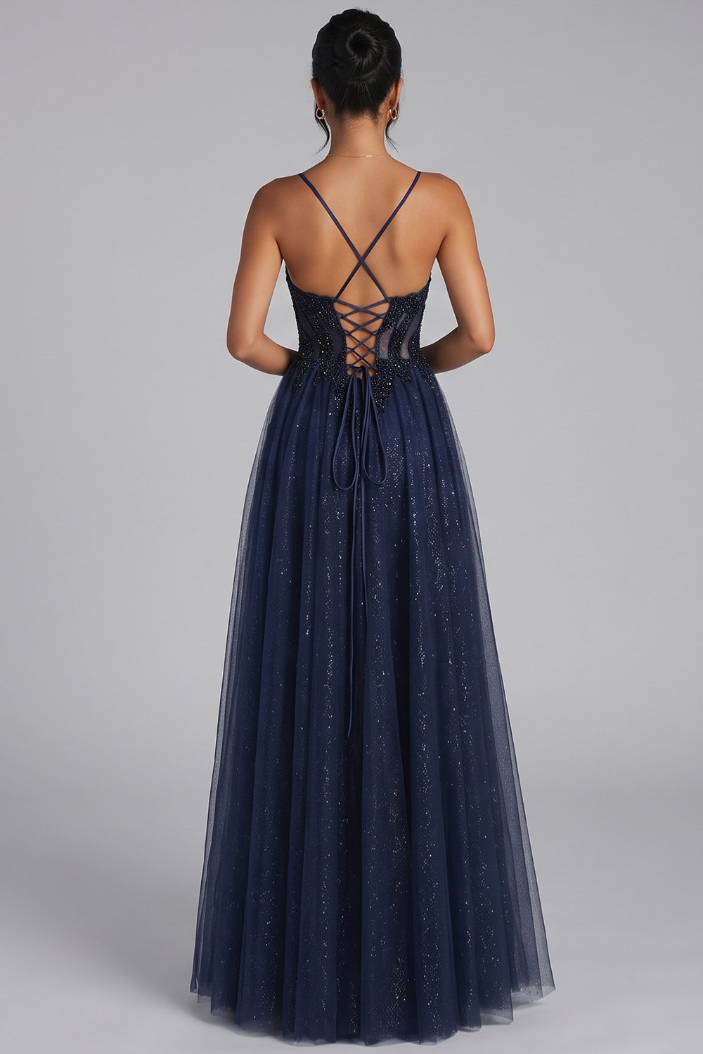 Dark Navy Sparkly A-Line Corset Long Prom Dress with Beading