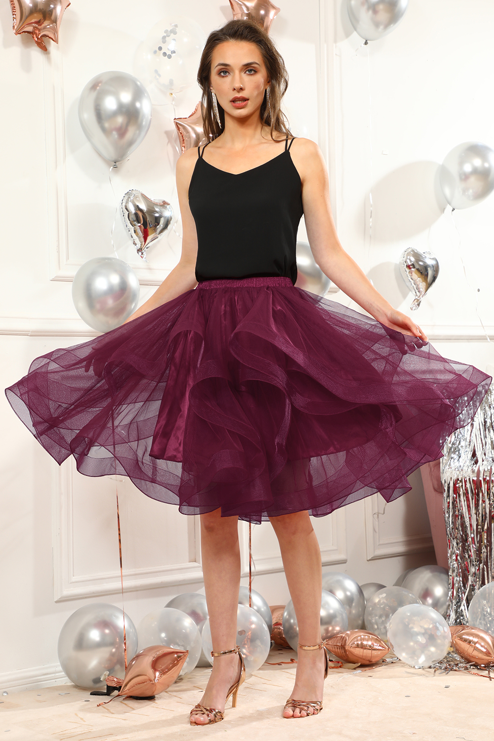 Dreamy Burgundy Layered Tulle Midi Skirt: Fluffy, Elastic, Versatile for Prom, Graduation, and Special Occasions