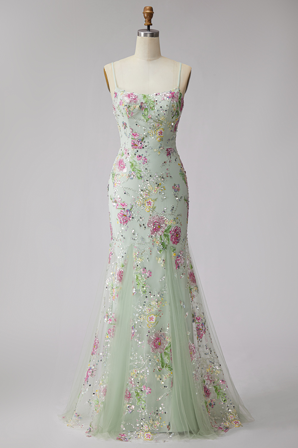Floral Light Green Mermaid Sparkly Sequin Spaghetti Straps Long Prom Dress
