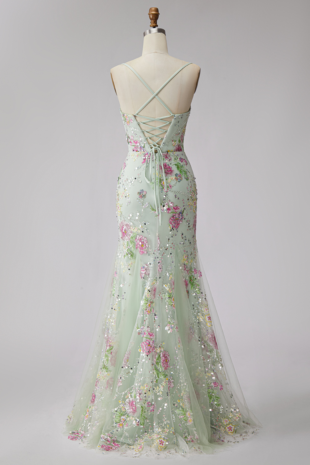 Floral Light Green Mermaid Sparkly Sequin Spaghetti Straps Long Prom Dress
