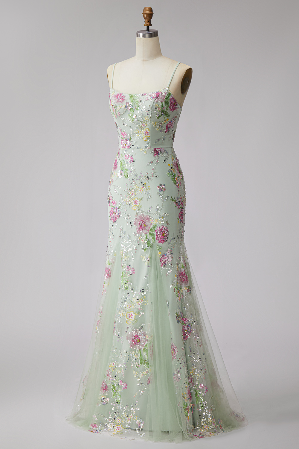 Floral Light Green Mermaid Sparkly Sequin Spaghetti Straps Long Prom Dress