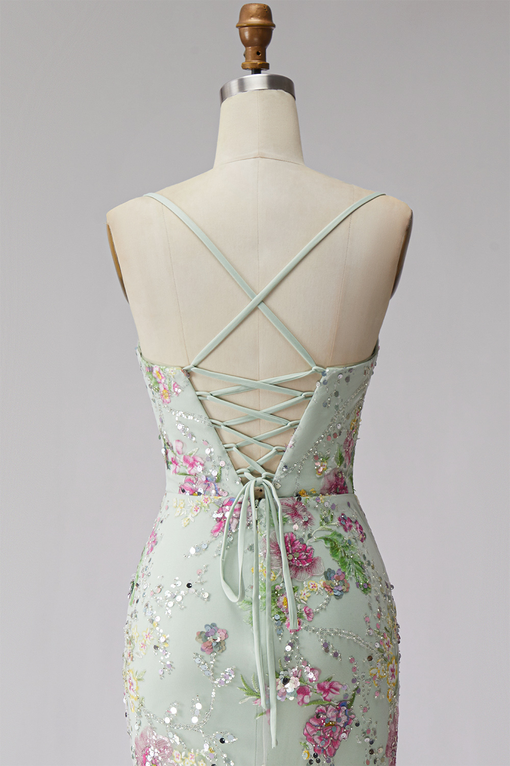 Floral Light Green Mermaid Sparkly Sequin Spaghetti Straps Long Prom Dress