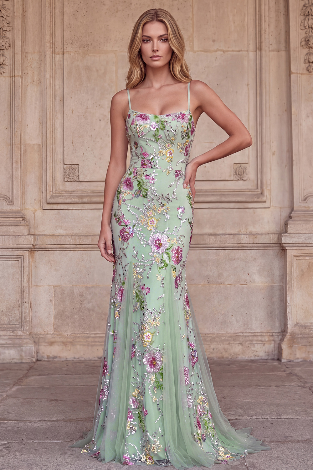 Floral Light Green Mermaid Sparkly Sequin Spaghetti Straps Long Prom Dress