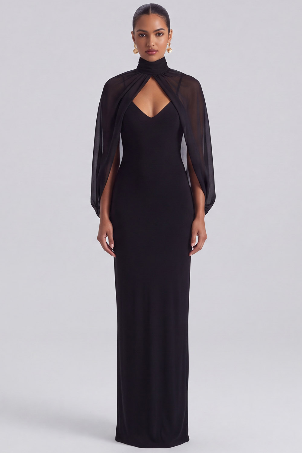 Black Spaghetti Straps Long Formal Dress with Cape