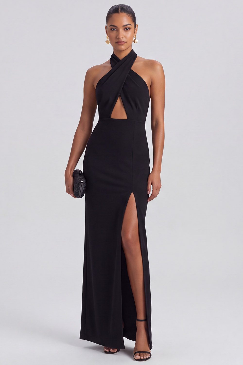 Backless Black Halter Long Formal Dress with Slit