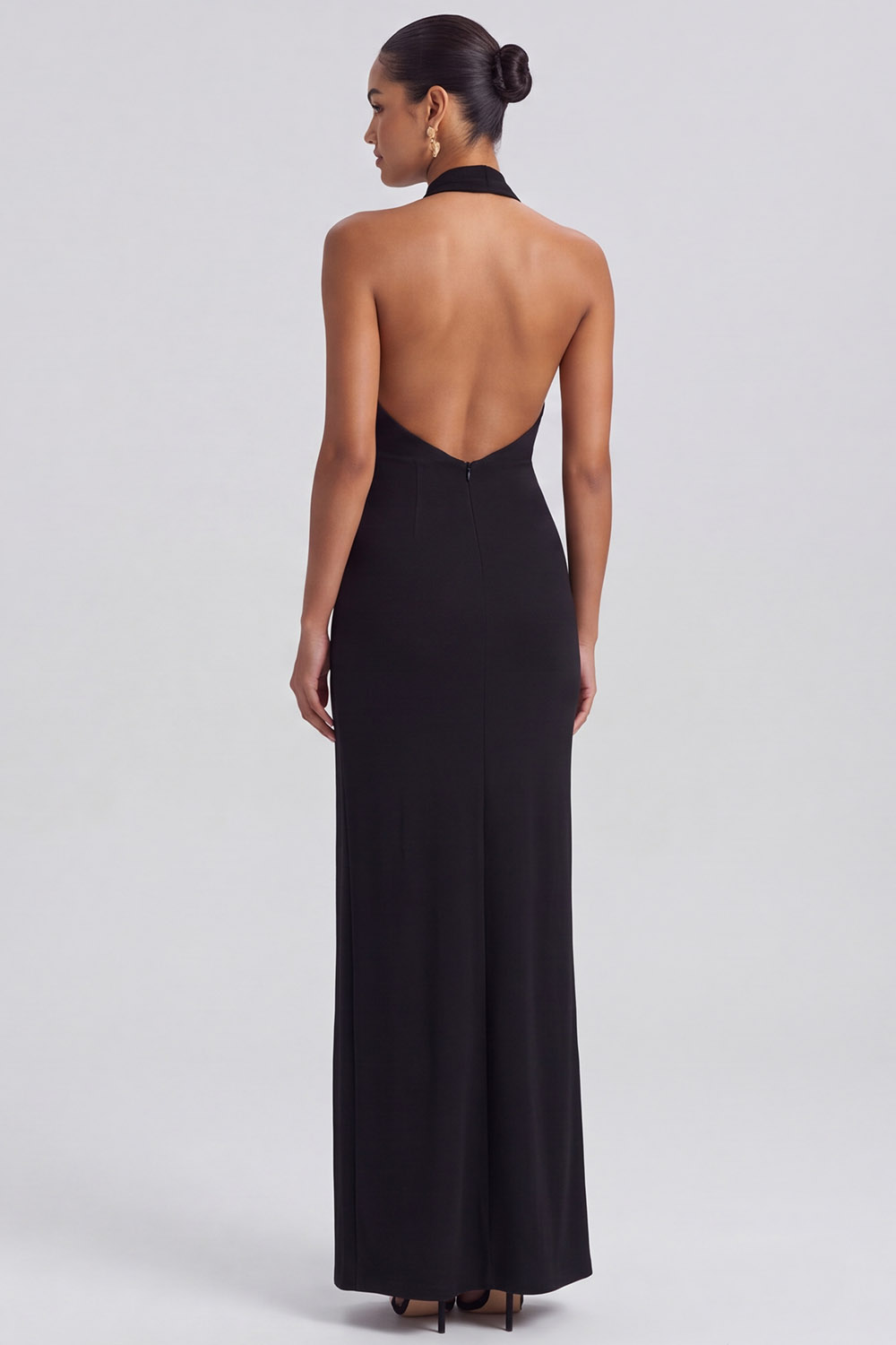 Backless Black Halter Long Formal Dress with Slit