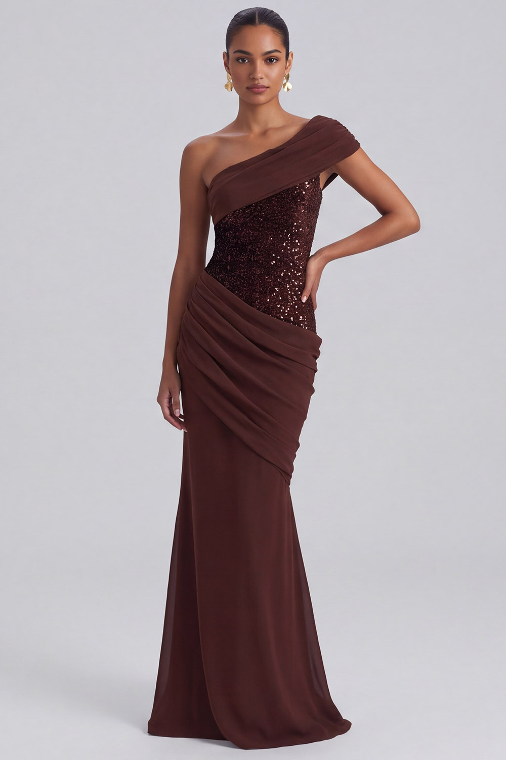 Sparkly Sequins Espresso Mermaid Ruched Long Formal Dress