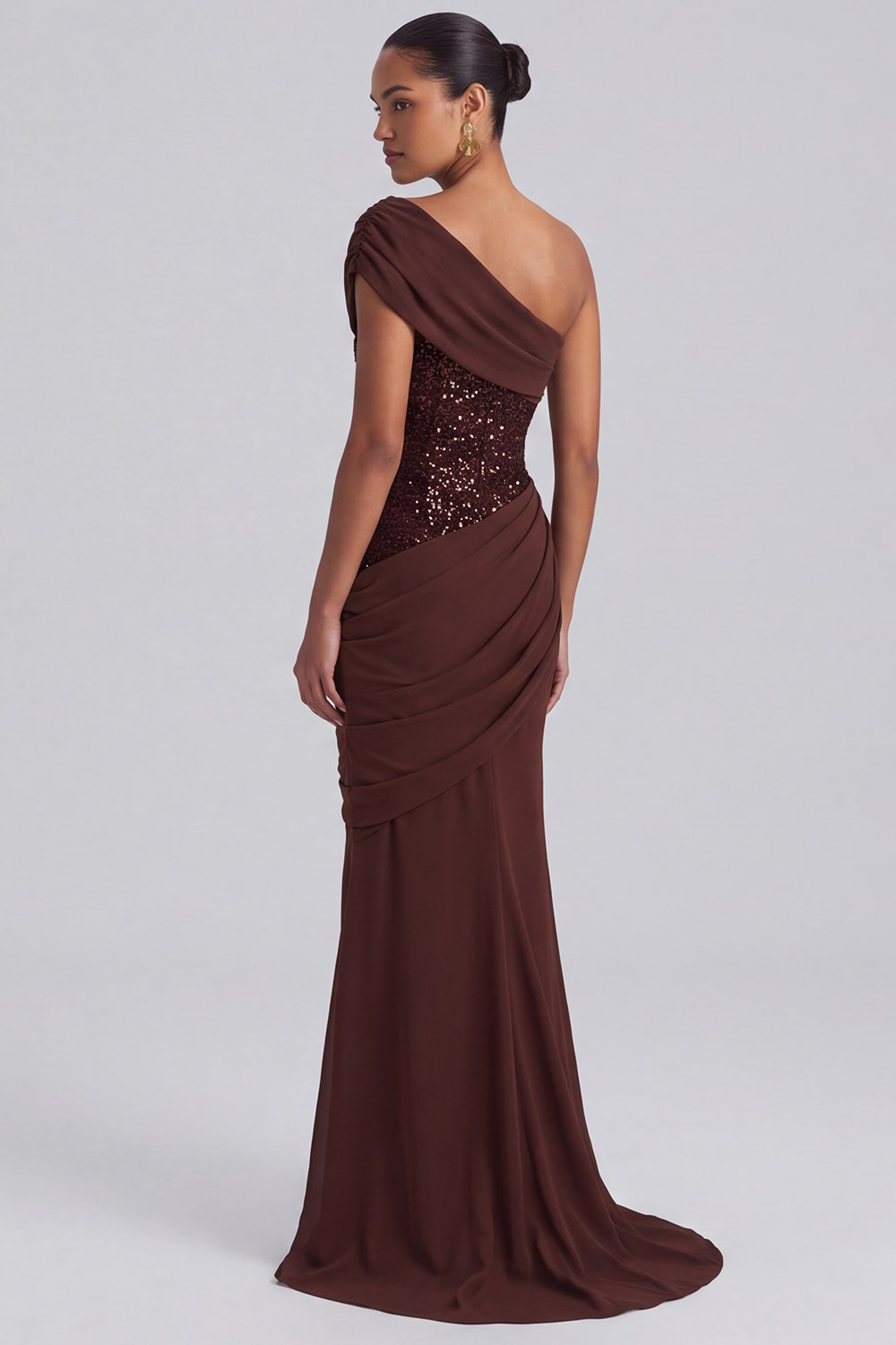 Sparkly Sequins Espresso Mermaid Ruched Long Formal Dress
