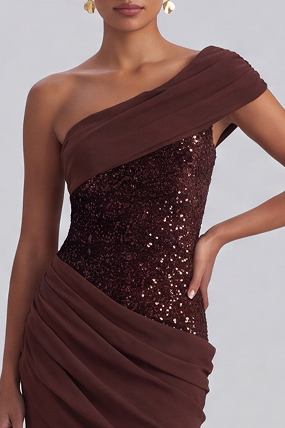 Sparkly Sequins Espresso Mermaid Ruched Long Formal Dress