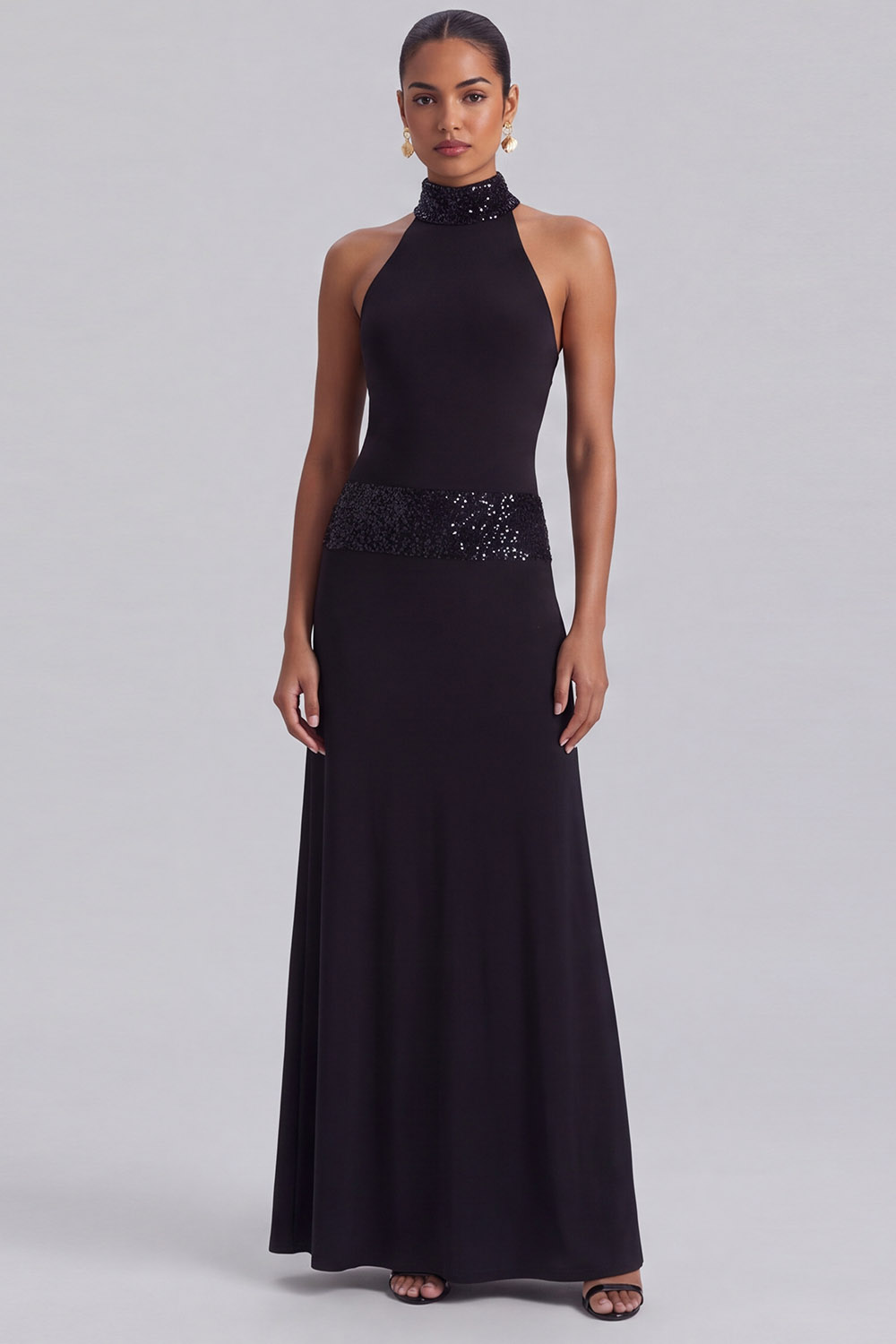 Black High Neck Sparkly Sequins Long Formal Dress