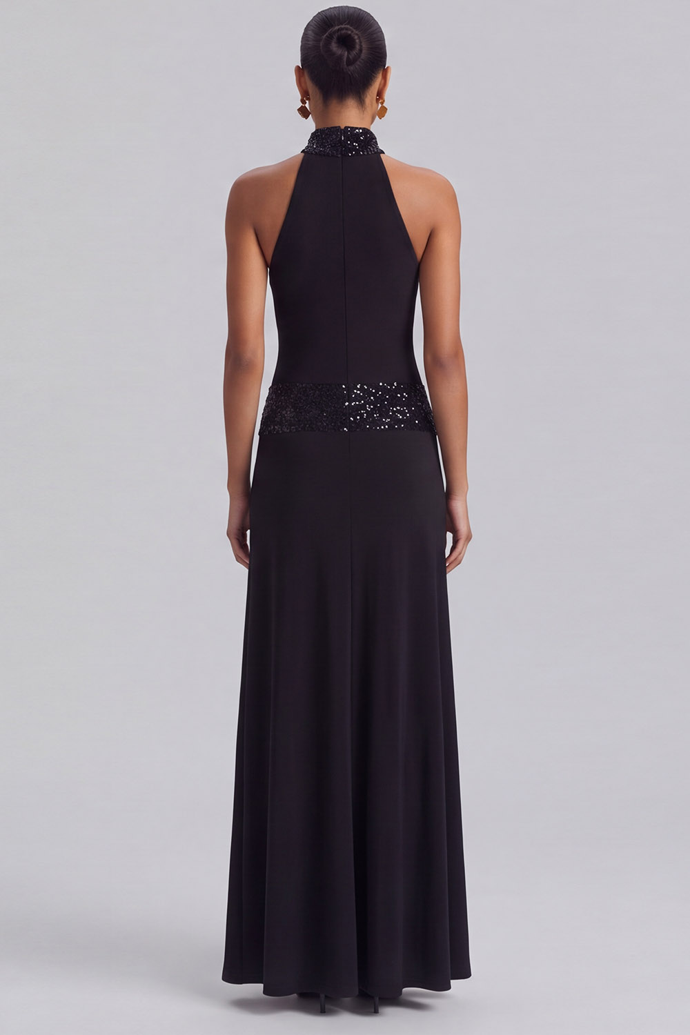 Black High Neck Sparkly Sequins Long Formal Dress