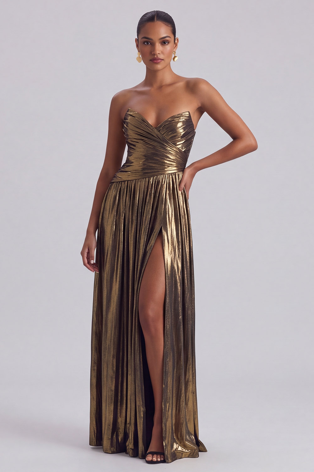 Sparkly Strapless Gold Long Metallic Formal Dress with Slit