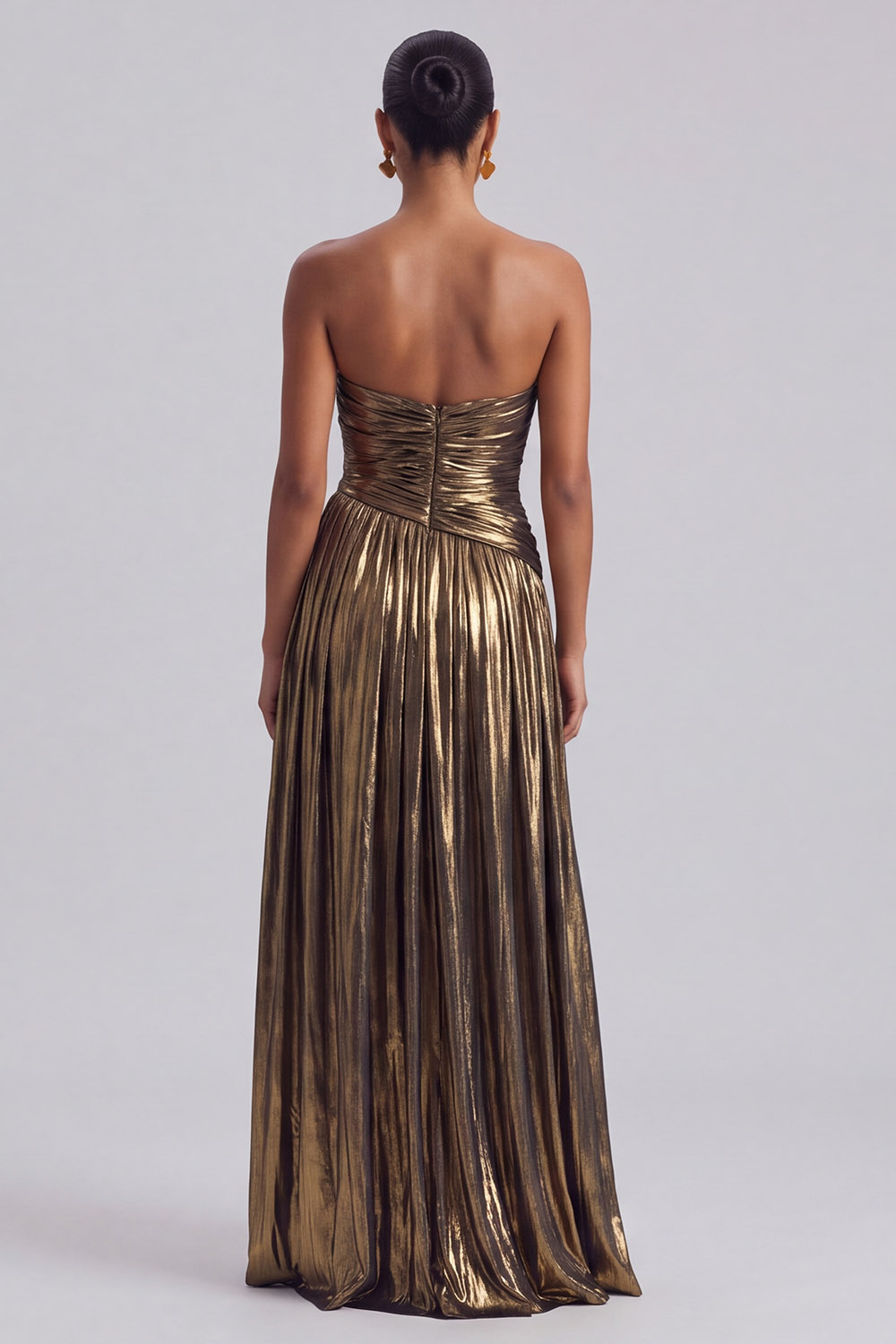 Sparkly Strapless Gold Long Metallic Formal Dress with Slit