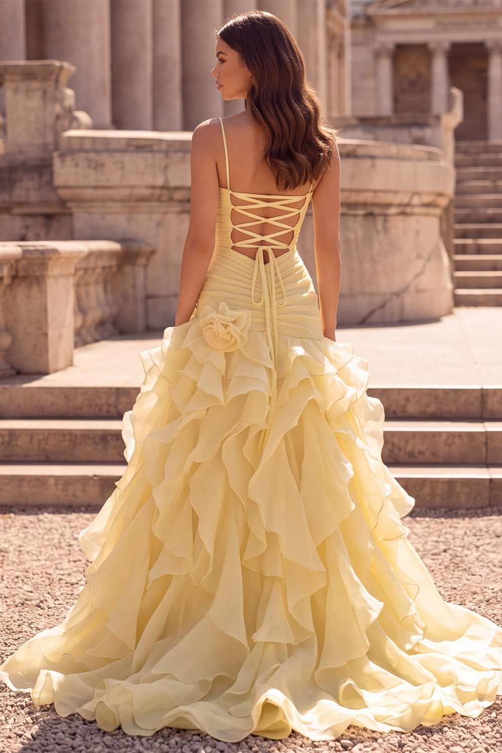 Yellow A Line Ruched Long Prom Dress with Flowers