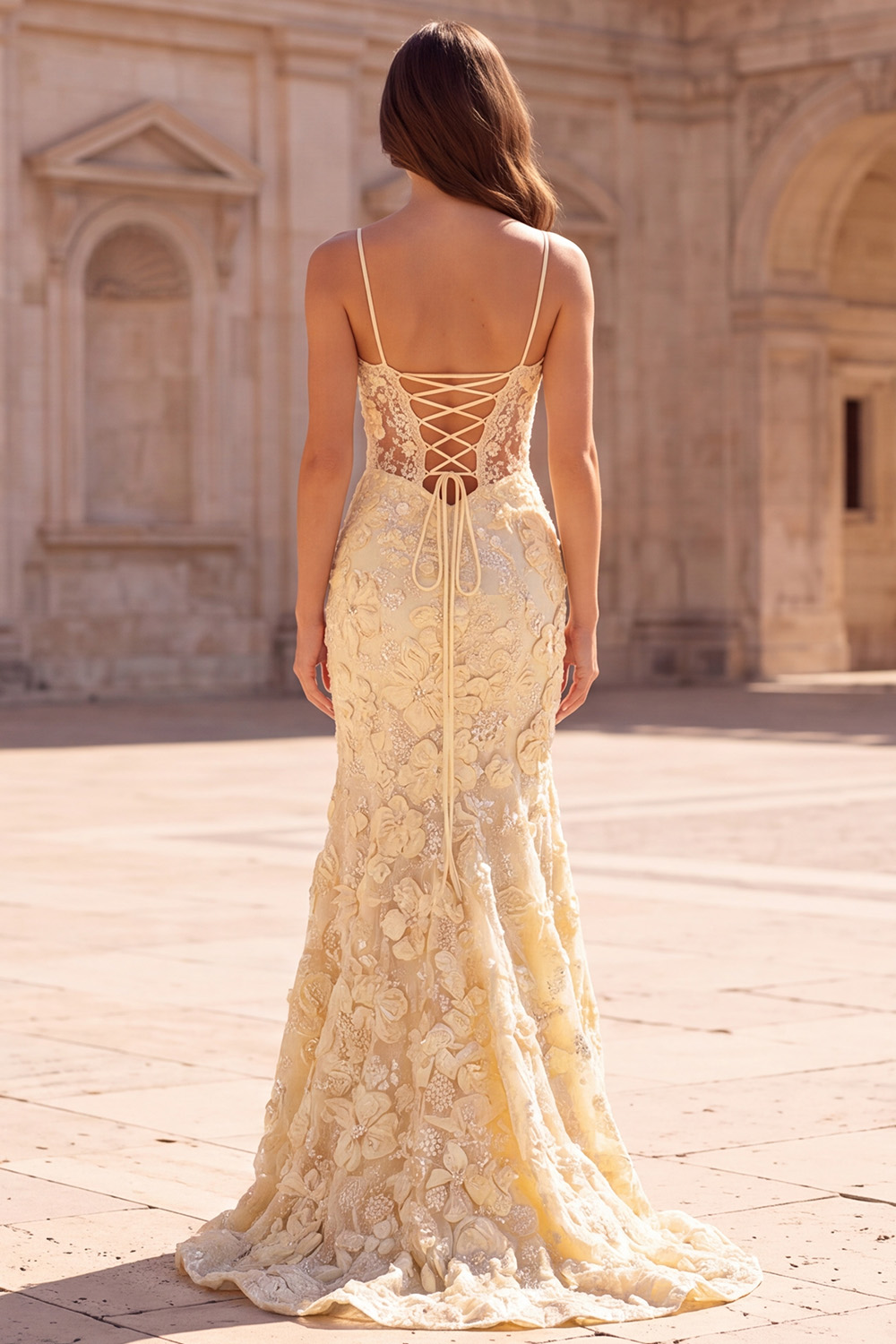 Yellow Mermaid Spaghetti Straps Floral Long Prom Dress with Slit