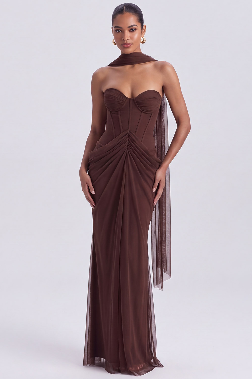 Espresso Corset Sweetheart Ruched Long Formal Dress