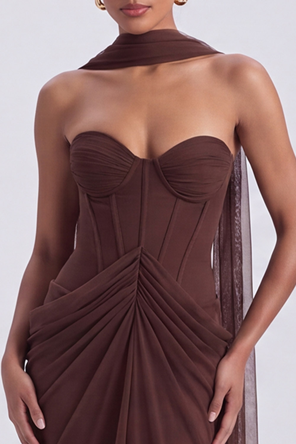 Espresso Corset Sweetheart Ruched Long Formal Dress