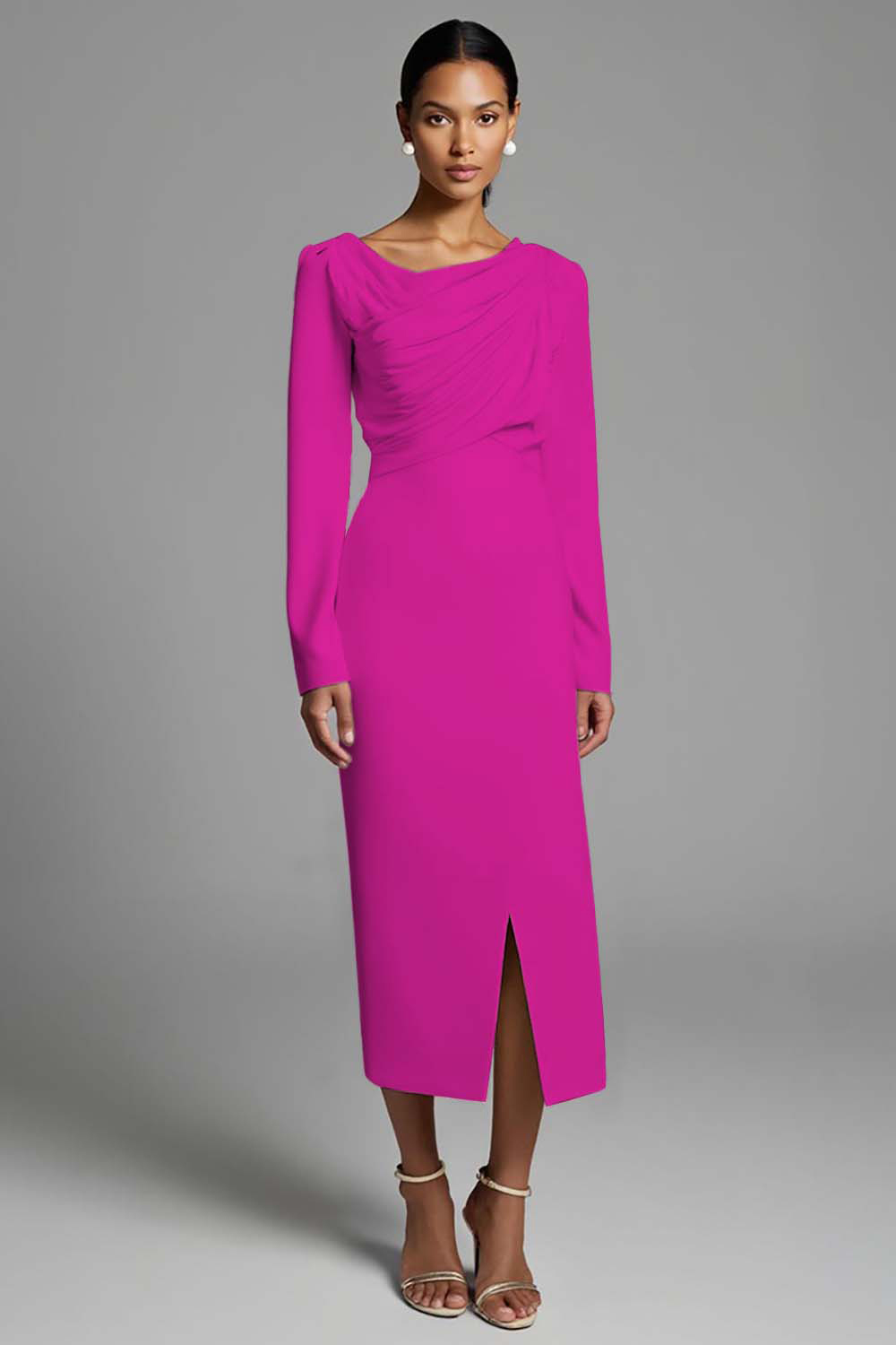 Ivory Ruched Sheath Long Sleeves Work Dress with Slit