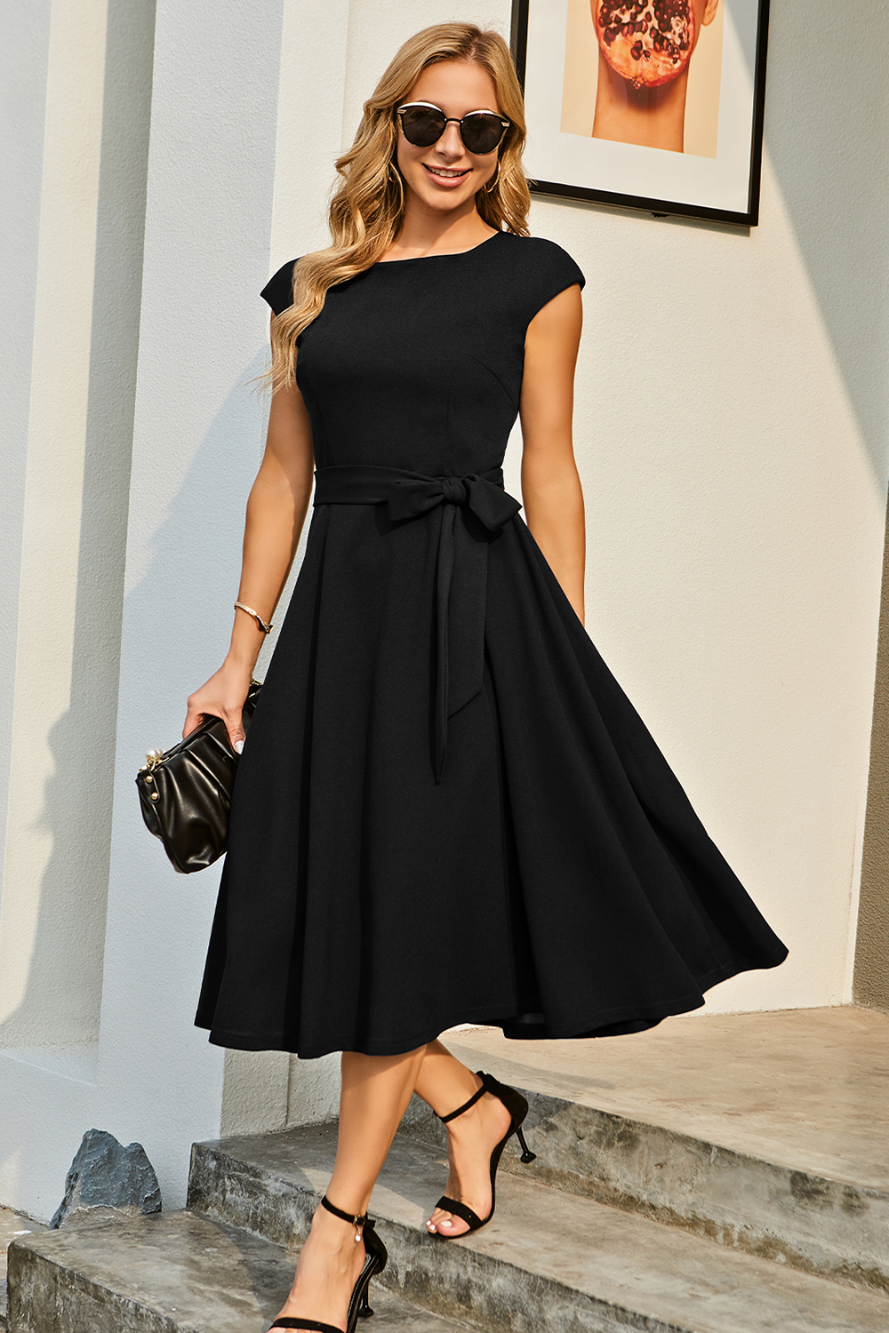 A-Line Knee-Length Black Cocktail Dress with Cap Sleeves, Vintage Style, Unique and Elegant