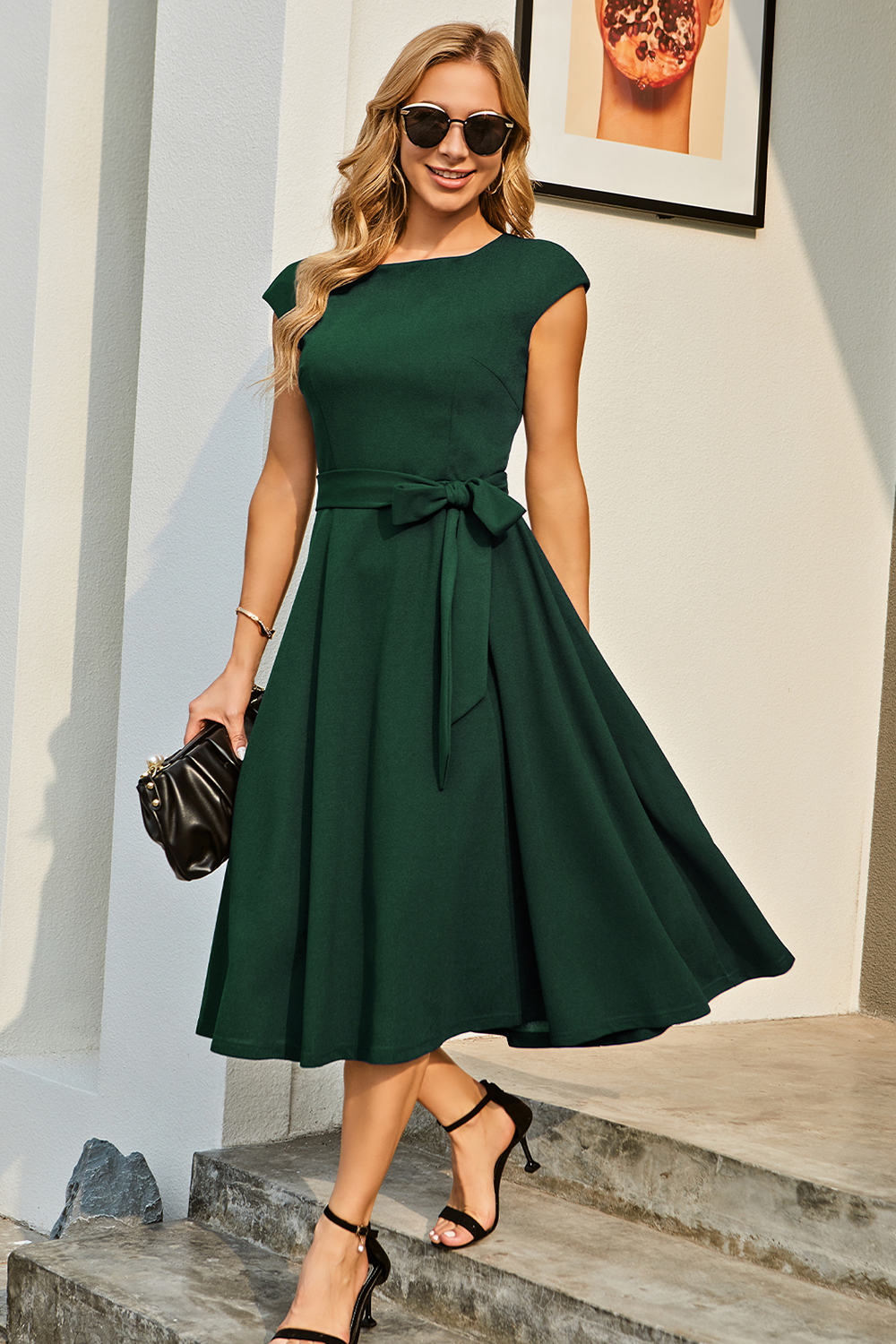 A-Line Knee-Length Darkgreen Cocktail Dress with Cap Sleeves, Vintage Style, Unique and Elegant