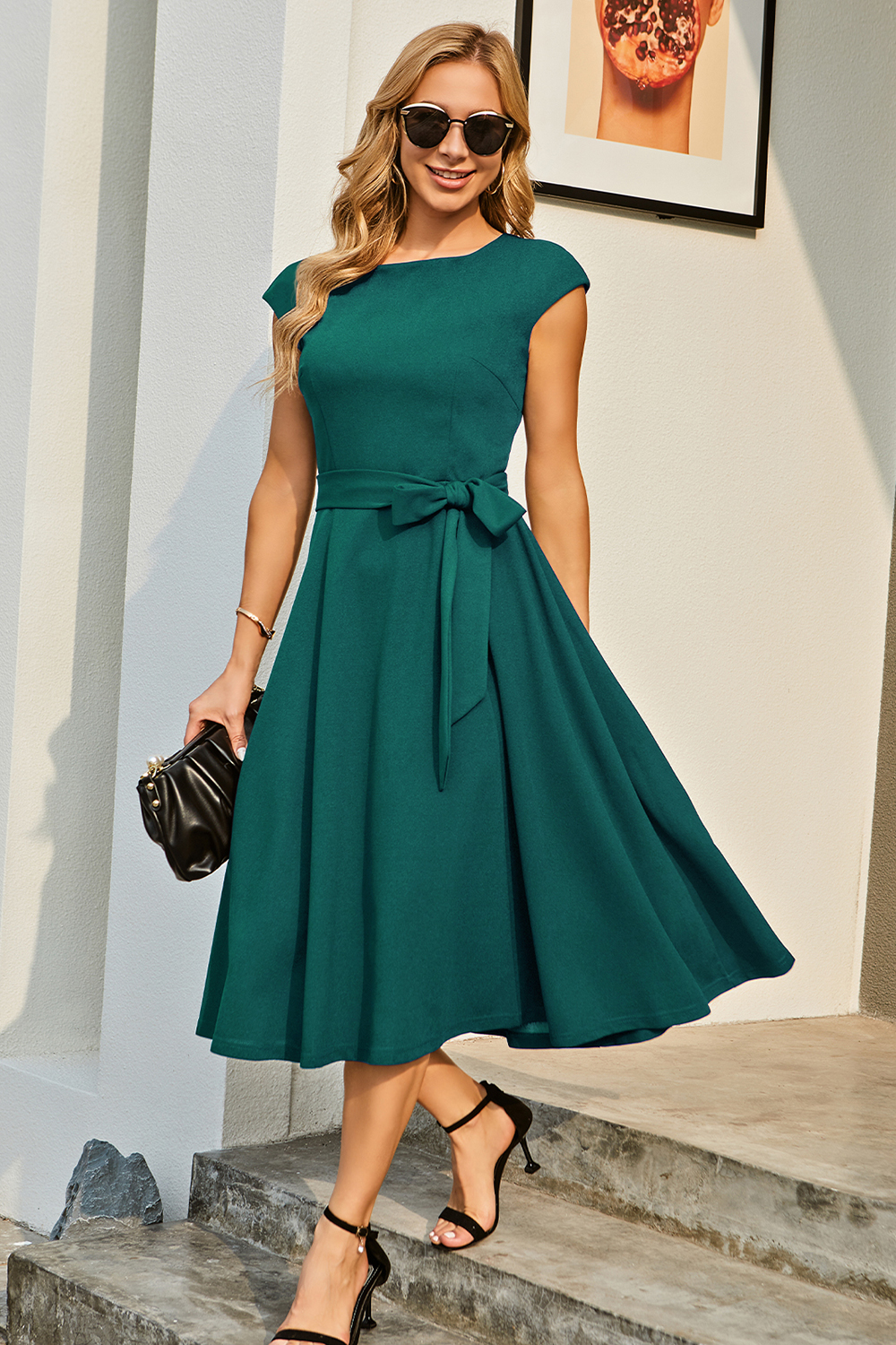 A-Line Knee-Length Turquoise Cocktail Dress with Cap Sleeves, Vintage Style, Unique and Elegant