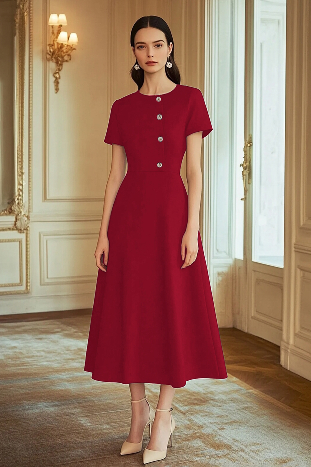 Navy A Line Satin Mid-Calf Work Dress with Sleeves