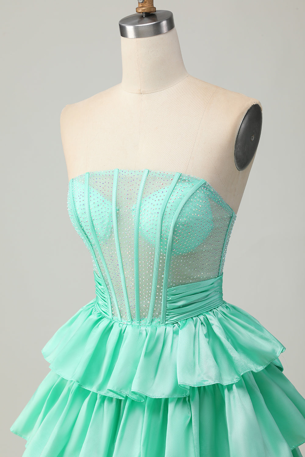 Sparkly Green Strapless Ruffled Short Corset Homecoming Dress with Bow