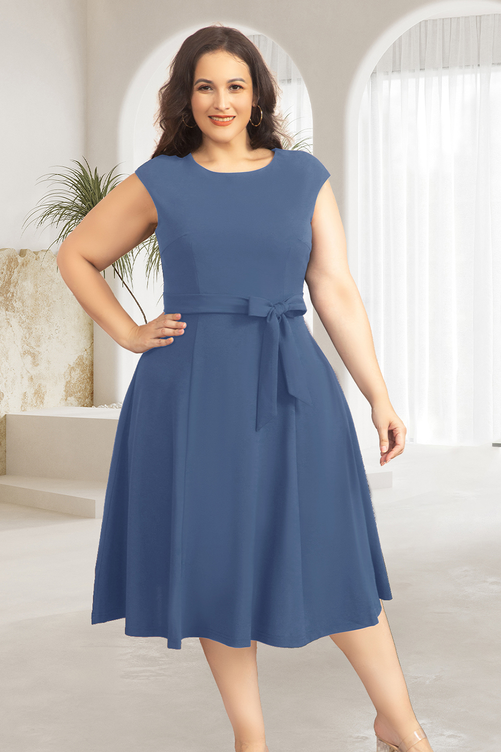 A-Line Knee-Length Grey Blue Cocktail Dress with Cap Sleeves, Vintage Style, Unique and Elegant