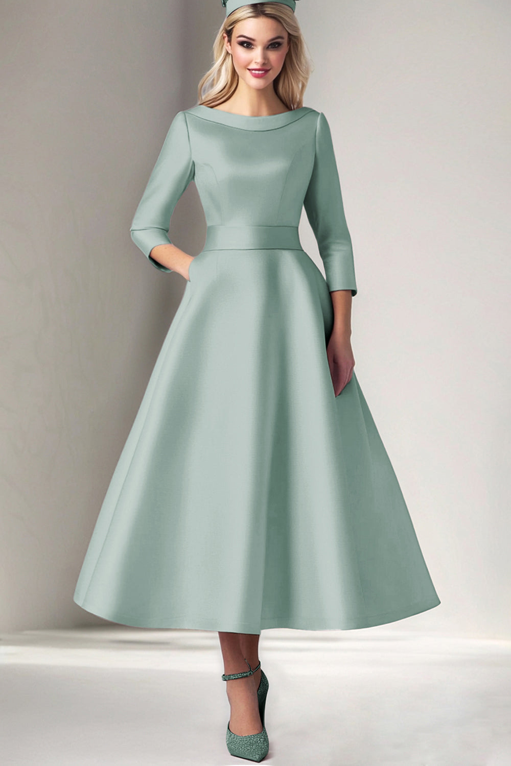 Dresstells Women Pink A Line Long Sleeves Mother of the Bride Dress Satin Scoop Neck Tea-Length Wedding Guest Dress