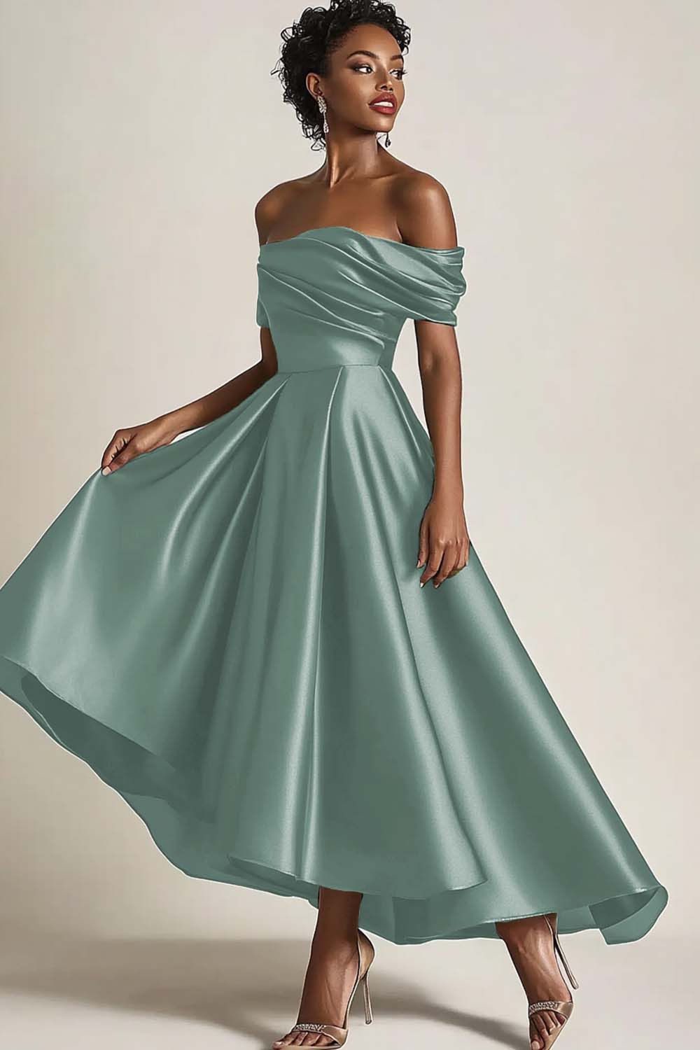 Dresstells Women Wedding Guest Dress Elegant Agave Satin Mother of the Bride Dress Off the Shoulder Asymmetrical A Line Mother of the Groom Dress