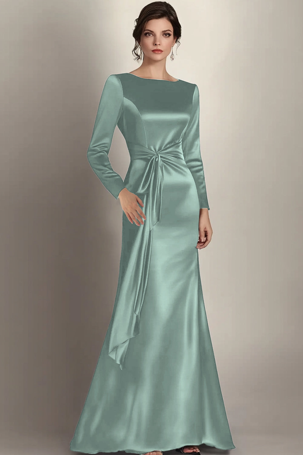 Elegant Black Satin Sheath Long Sleeves Mother of the Bride Dress