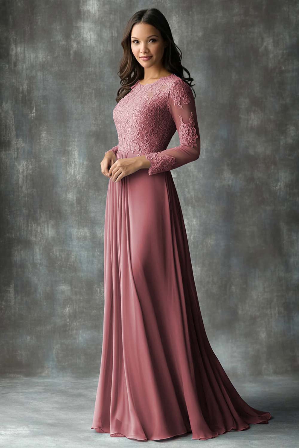 Dusty Blue A Line Pleated Long Sleeves Mother of the Bride Dress with Appliques