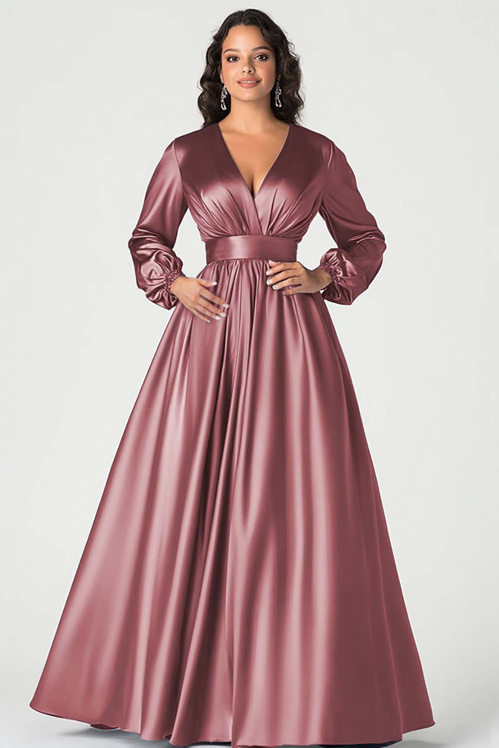 Grey Blue A Line Satin V-Neck Mother of the Bride Dress with Long Sleeves