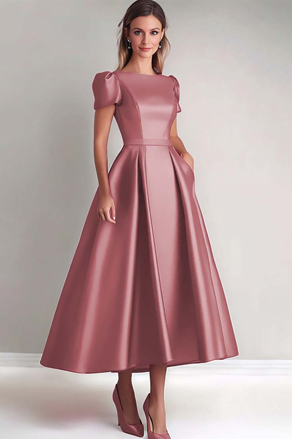 Fuchsia A Line Puff Sleeves Satin Tea Length Mother of the Bride Dress