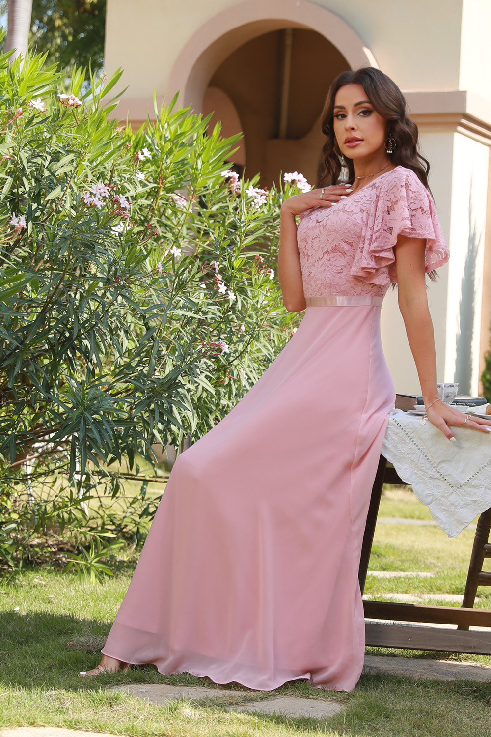 Long Formal Dresses Evening Gown Lace Bridesmaid V-Back Wedding Dresses for Women Bride 2024