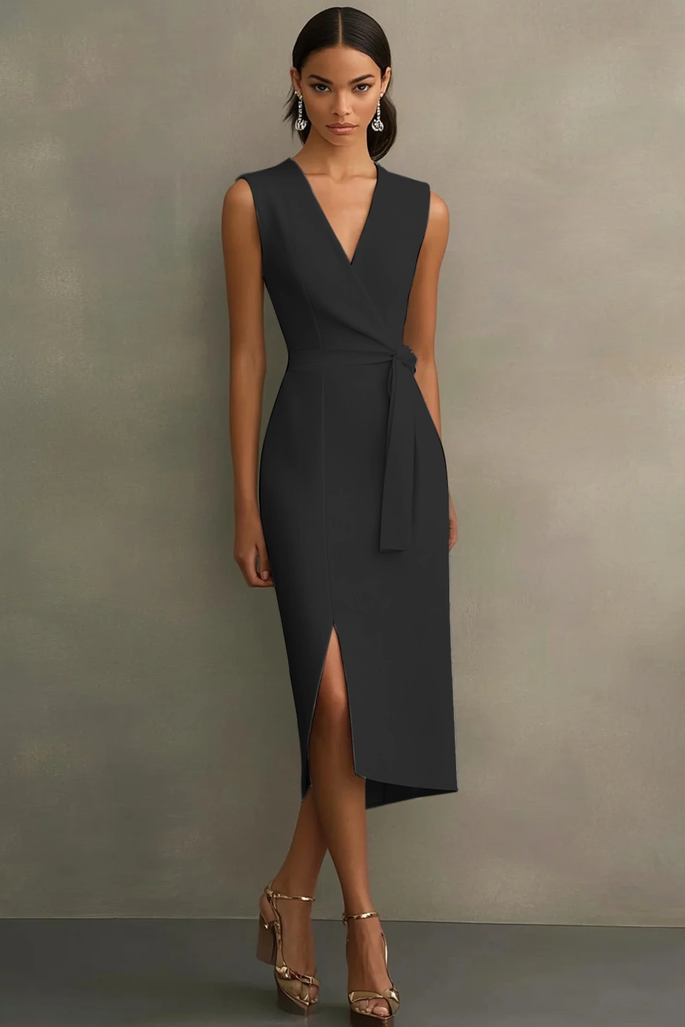 White Bodycon Satin V-Neck Mid-Calf Semi Formal Dress with Slit